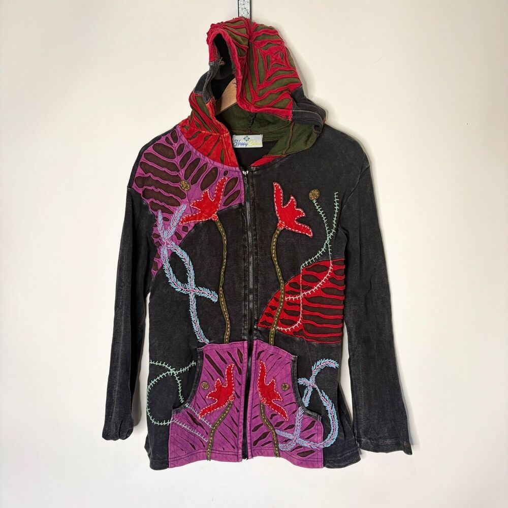 Happy Colors Hippie Hippy Sweatshirt Embroidered Grunge Zip Up Hoodie Women L